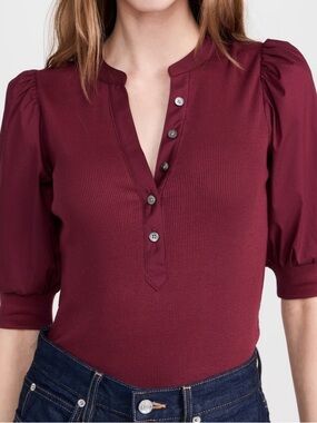 Veronica Beard Burgundy Puff-Sleeve Henley Top